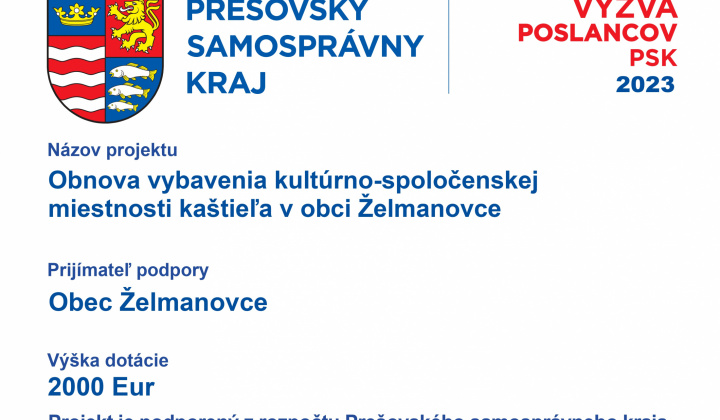 1. fotografia fotogalérie Projekty / PSK - Obnova vybavenia kultúrno-spoločenskej miestnosti kašteľa v obci Želmanovce - foto